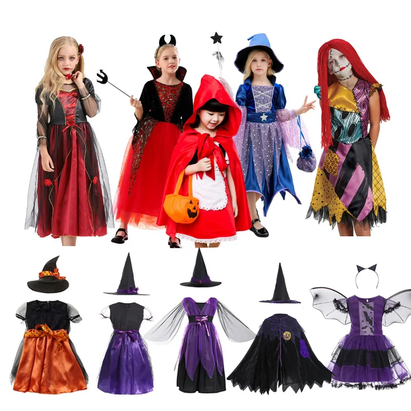 2024 Halloween Carnival Costume Girls Fancy Children Cosplay Vampire Witch Little Red Riding Hood Bat Disguise Devil Dress Set