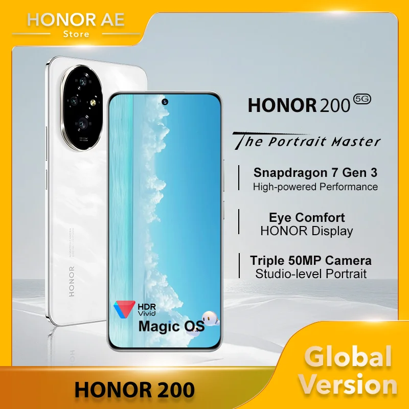 Smartphone HONOR 200 Snapdragon 7 Gen 3 Studio-level Port Camera 6.7''AMOLED Eye Comfort Display 5200mAh Silicon-carbo