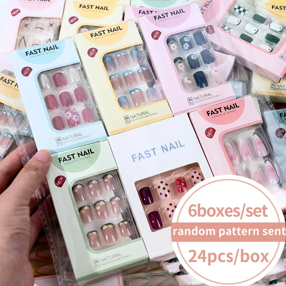 6Boxes/Set Short Square Fake Nail Love design Press On Nails Mixed Style Random Pattern Sent Full Cover Reusable False Nail Tips