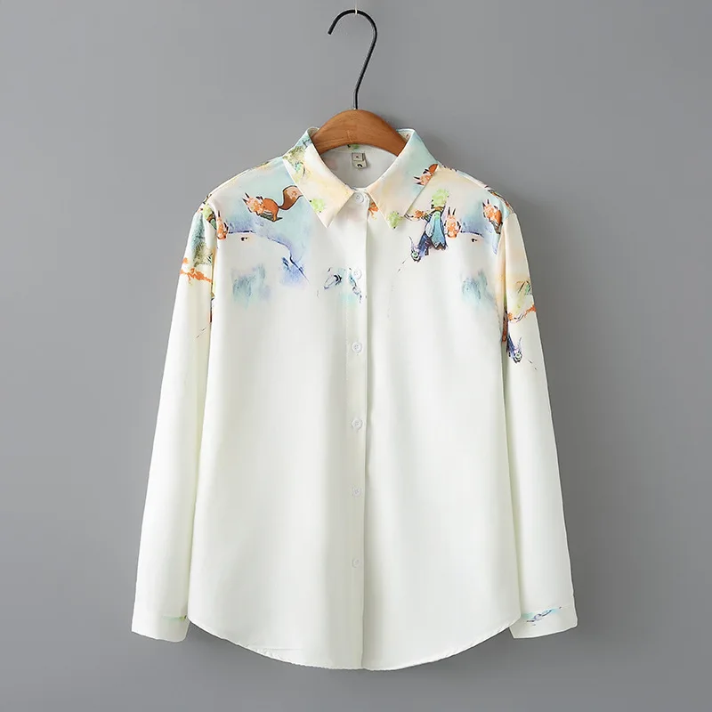 Women's Vintage Printed Shirt, Long Sleeve Blouses, Mid-Length, Autumn, Plus Size, 8261
