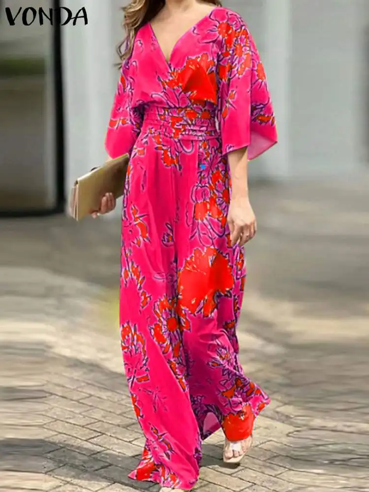 Plus Size 5XL VONDA Women Summer Jumpsuits Sexy V-Neck Flare Sleeve Printed Long Romper Casual High Elastic Waist Playsuits