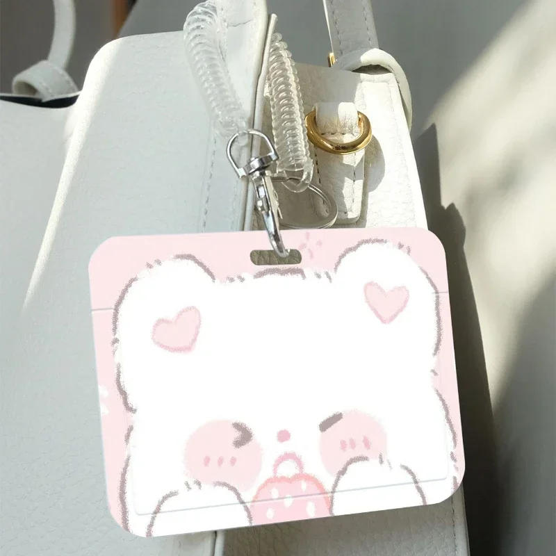 Cute Little White Bear Card Holder with Spring Rope Students Suitable for Bus Campus Lunch Card Kpop Photocard Holder Door Card