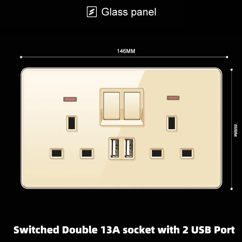 High Quality Wall Light Switch Glass Gold UK Wall Socket with Type-c Usb 1Gang 2Gang 3Gang Switch USB C Fast charging Socket