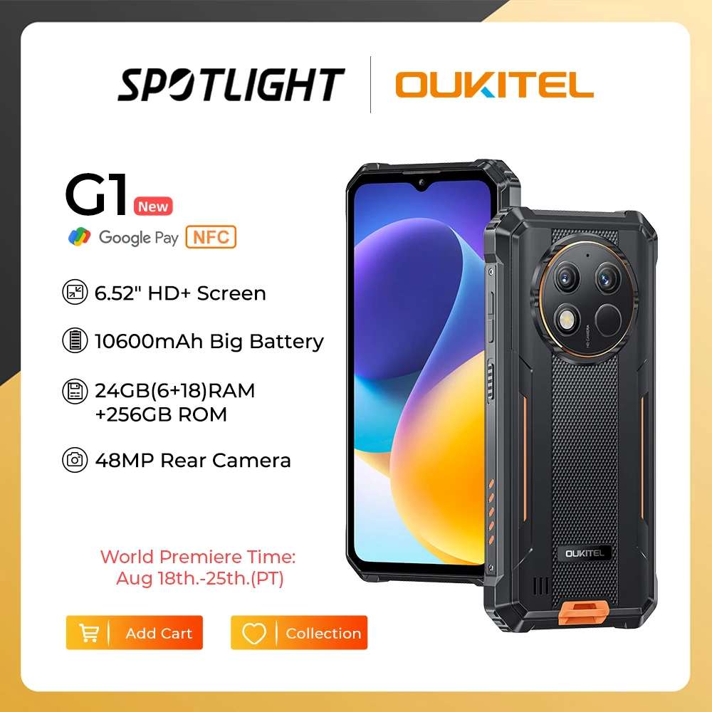 Oukitel G1 Rugged Smartphone Android 24GB (6+18)+256GB 10600mAh 6.52' HD Display NFC Rugged Phone