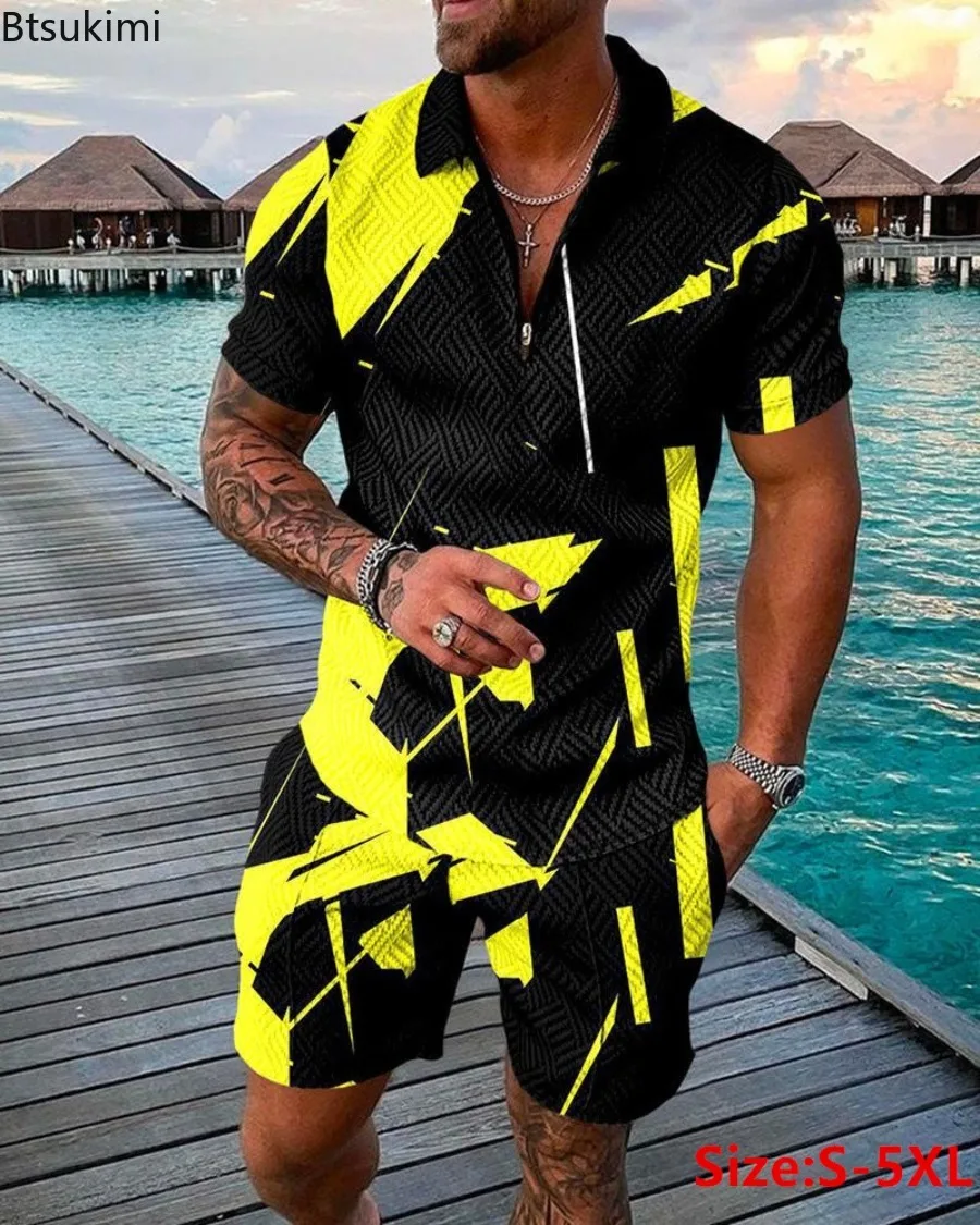 2024 Men's Summer 3D Print Pattern Short Sleeve Polo Shirt and Shorts Sets Men Streetwear Casual Sports Men's Suits Se
