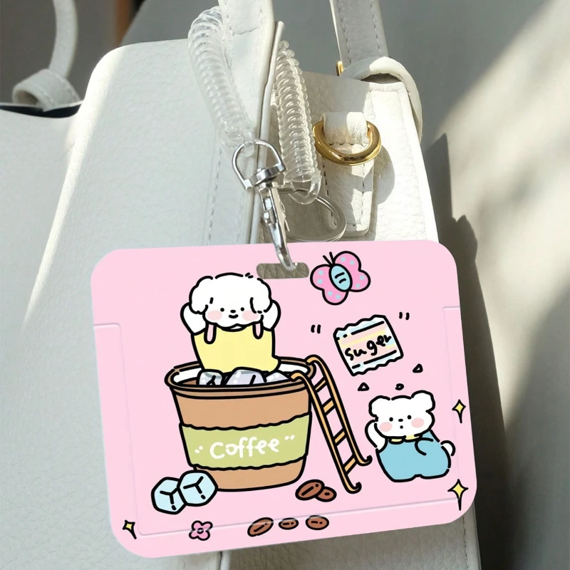 Card Holder with Creative Cartoon Design and Extendable Elastic Spring Cord for Bus/Metro Card Protection Cover, Meal Card Cover