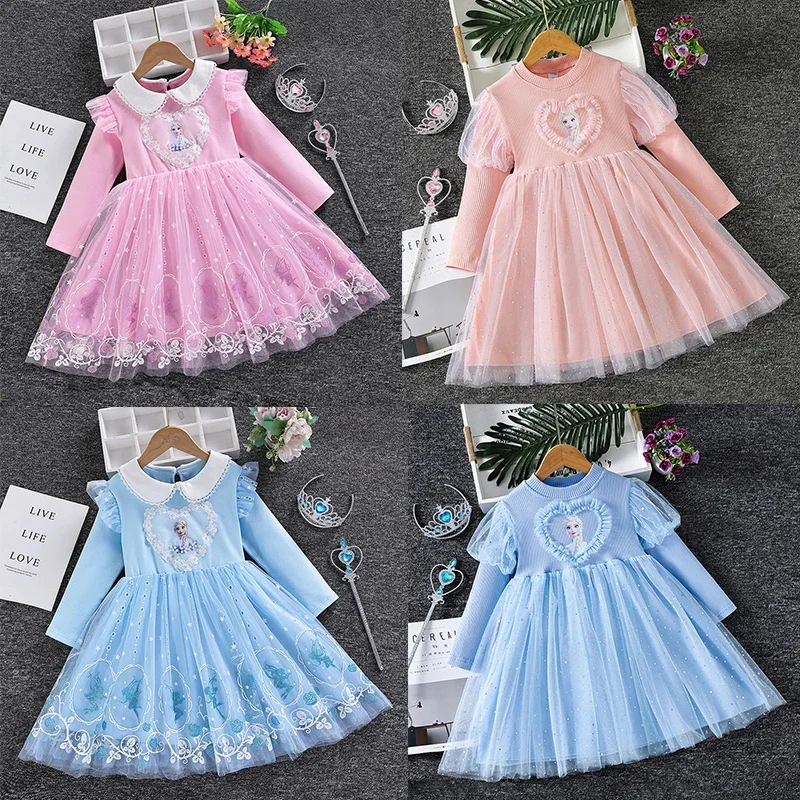 Disney 2-10Y Frozen Snow Queen Elsa Princess Dress Girls Spring Autumn Clothes Kids Long-sleeved For Children's Party Elsa 