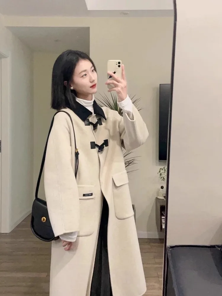 Cow Horn Button Woolen Coat Women's Autumn And Winter New Style High-End Loose And Thick Woolen Coat