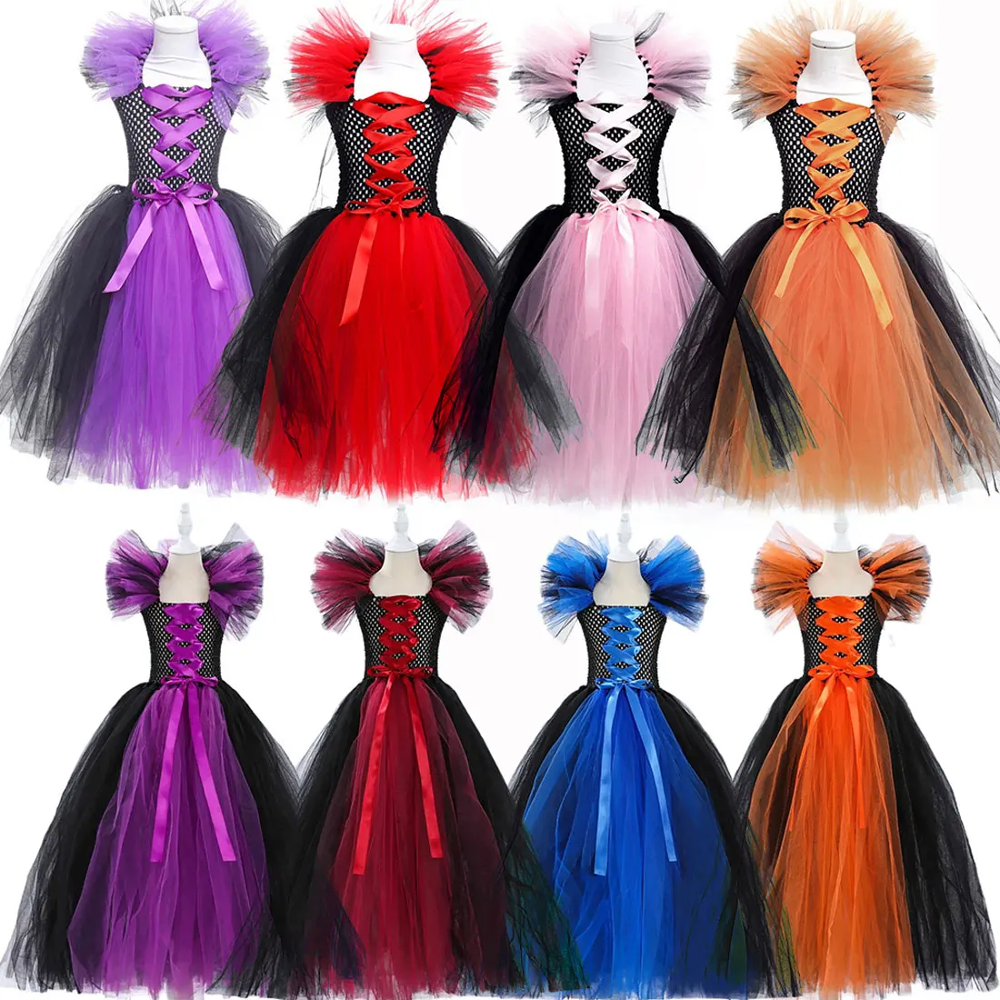 Halloween Carnival Maleficent Witch Tulle Princess Dress for Girls Cosplay Evil Queen Multi-color Gauze Skirt Tulle Tutu Set