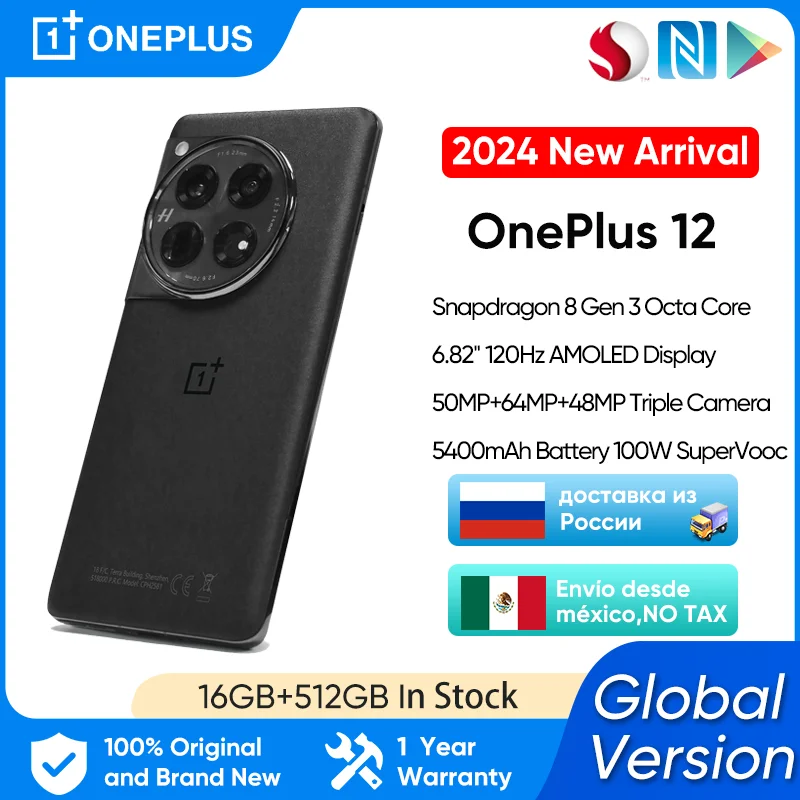 OnePlus 12 Global Version 16GB 512GB Snapdragon 8 Gen 3 6.82'' 2K 120Hz AMOLED Display Screen 100W SuperVooc Charge Fo