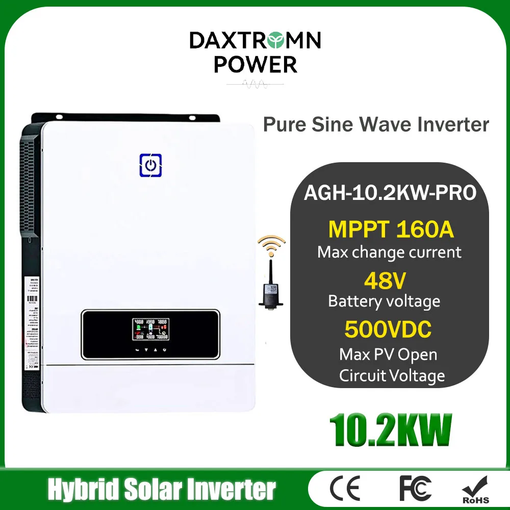 Daxtromn 10.2KW Hybrid Solar Inverter 48V ON/Off Grid Pure Sine Wave 220V 500VDC Dual Output MPPT 160A Solar Charge with BMS