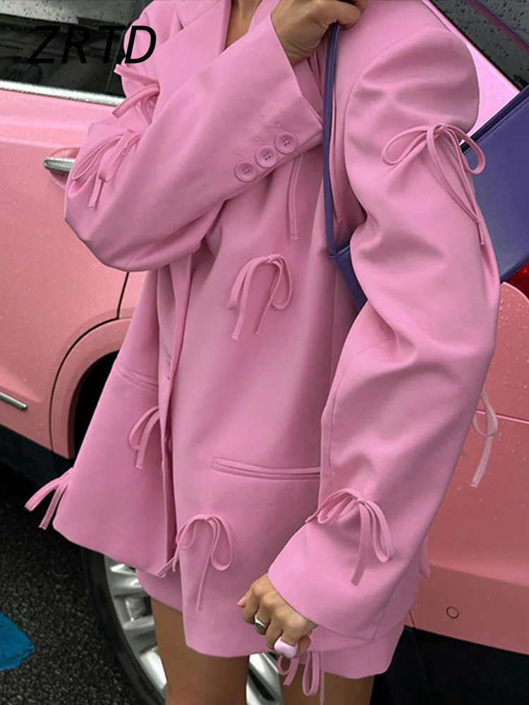 Pink Bow Decor Women's Blazer Jackets Loose Lapel Full Sleeves Single Breasted Female Coats 2024 Autumn Lady Street Commute