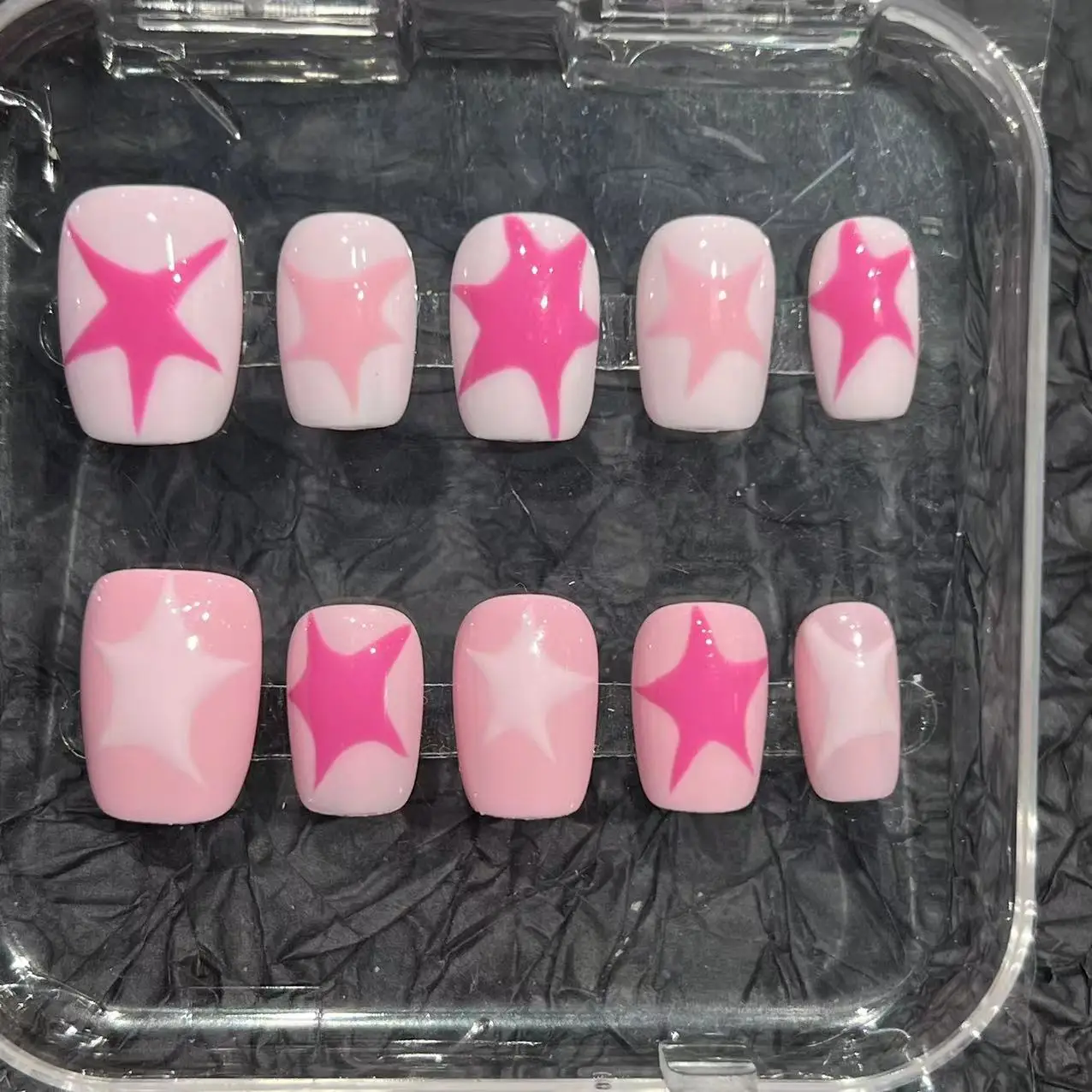 10pcs Handmade Press on Nails Sweet Cool Pink Star Pattern Fake Nail Patches Y2k Korean Style Short Coffin False Nail Tips