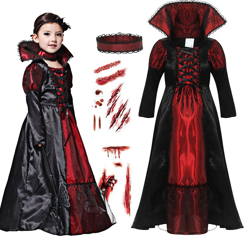 Halloween Girls Vampire Dress Kids Ghost Bride Gothic Cosplay Vampire Devil Bat Costume Vampiran Carnival Outfit Clothes 2-12Yrs