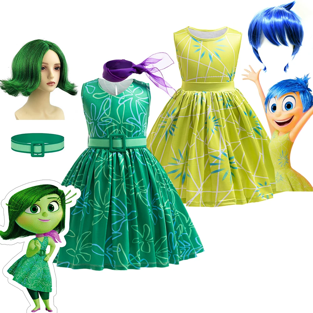 Disney Movie Inside Out Costume Printed Kids Girl Cartoon Cosplay Halloween Carnival Party Clothes 2-10Y Disgust Joy Clothing