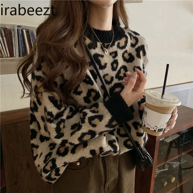 Leopard Print Sweater Female Autumn Winter 2024 New Retro Slouchy Loose Bottom Pullover Top Casacos De Inverno Feminino