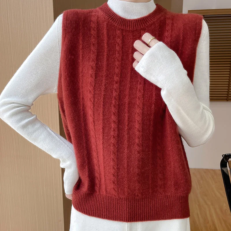 Fall/winter new 100% pure wool vest female O-neck loose thick sleeveless jacquard sweater knitted cashmere sweater