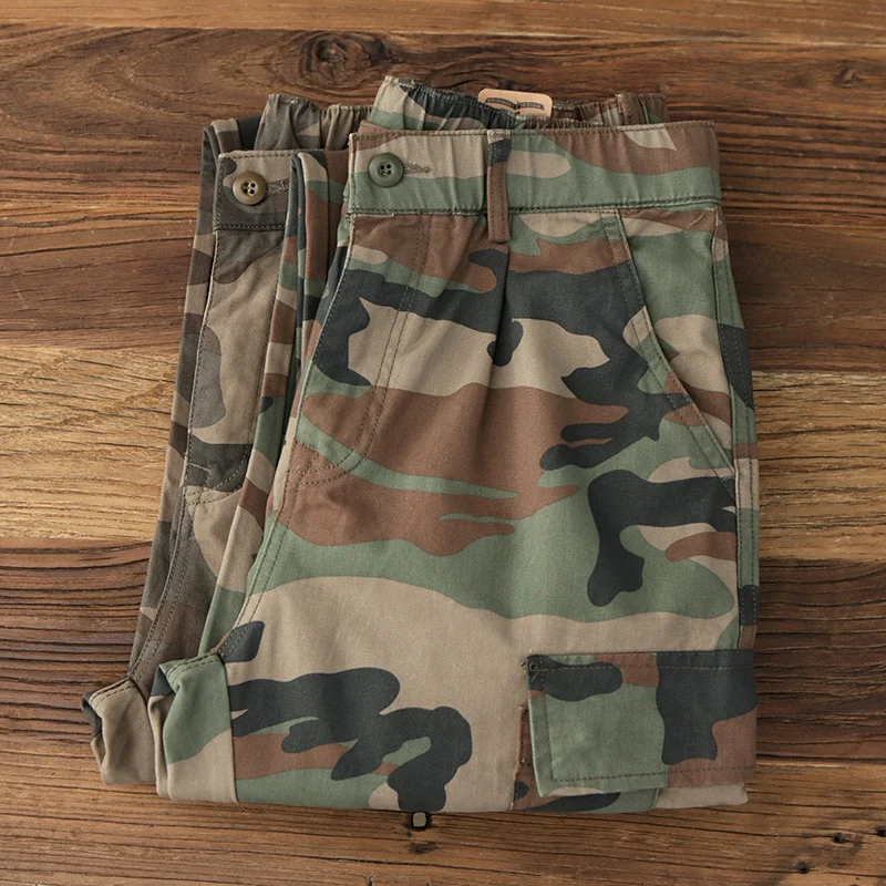 2024 Autumn New American Rerto Woven Twill Camouflage Cargo Pants Men's 100% Cotton Washed Straight Casual Multi Pocket Tro