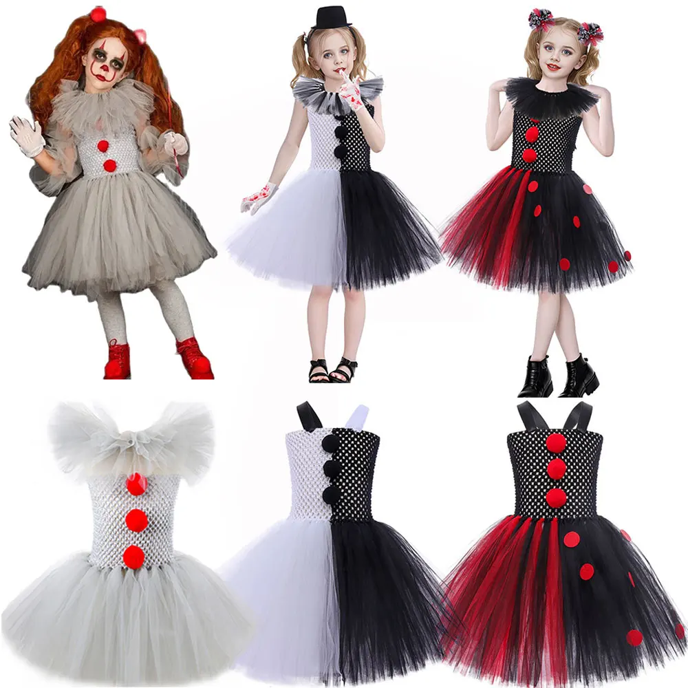 Halloween Carnival Clown Costume Cute White Black Tutu Dress for Girl Birthday Party Dress Holiday Gift Clothes Accessories Set