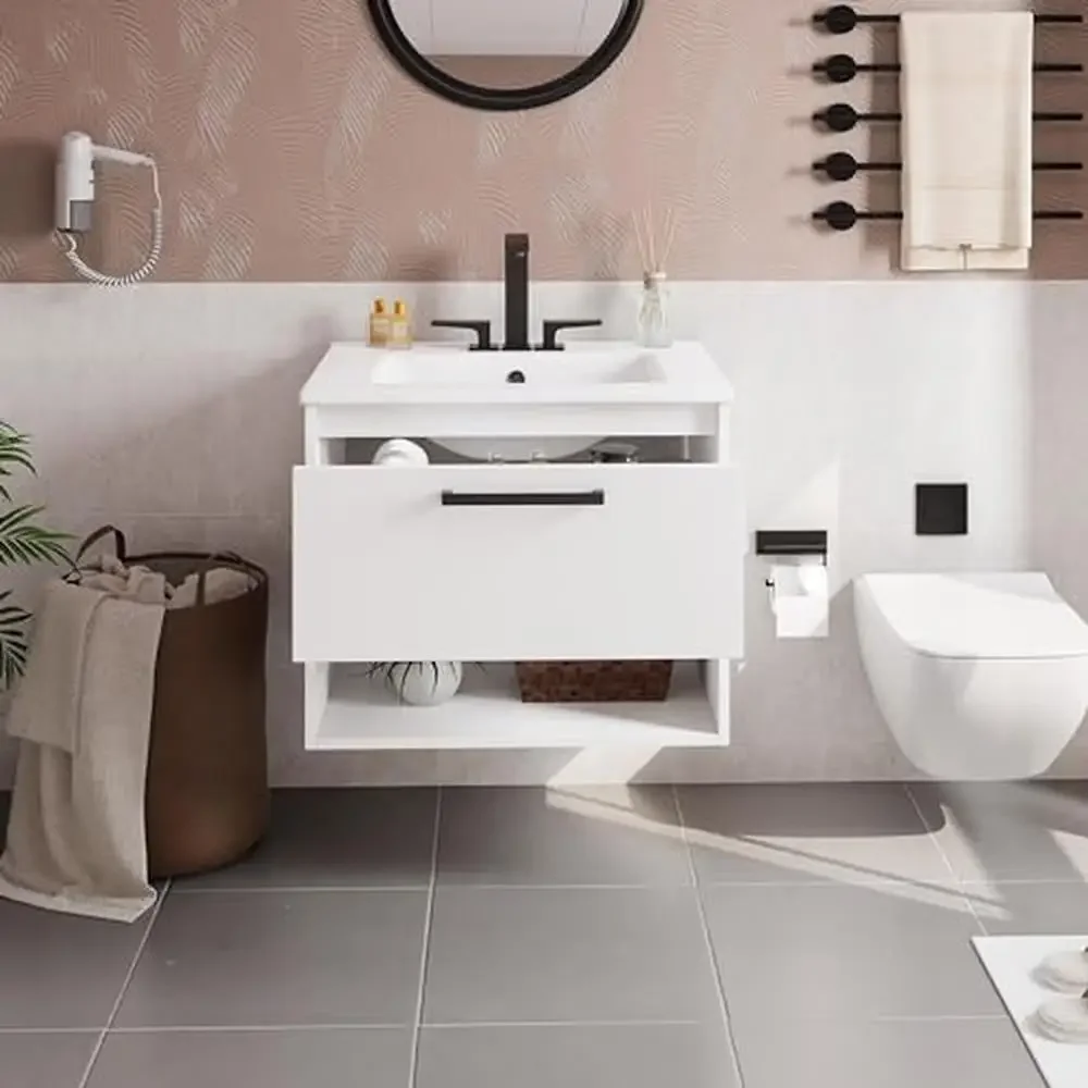 24" Modern Bathroom Vanity Cabinet with Wall Mounted Sink and Open Shelf Eco-Friendly White Basin Cabinet Storage Organize 