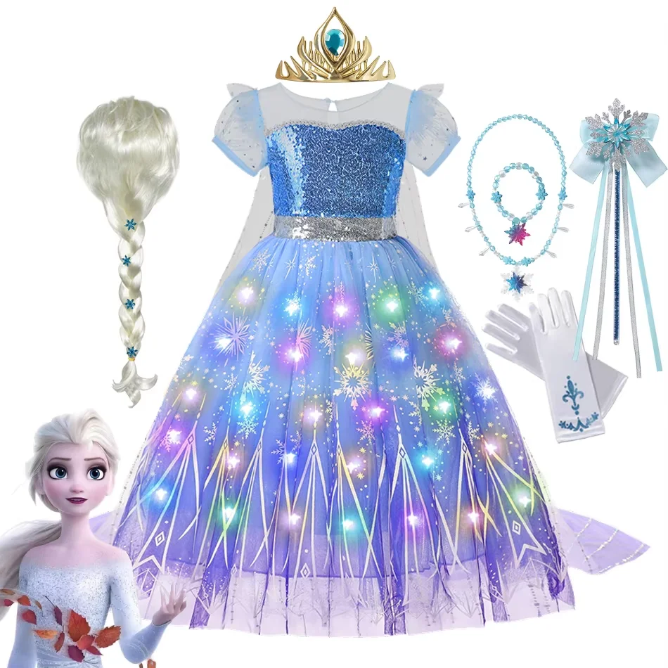 Frozen Elsa Princess Kid Role Playing LED Dress Light Up Halloween Frozen Carnival Girls Birthday Glowing Vestidos