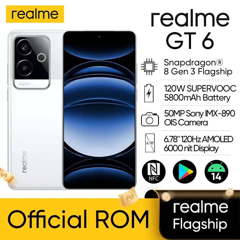 Unlocked Official ROM realme GT 6 Smartphone 5G 6.78" Snapdragon 8 Gen 3 50MP 5800mAh 120W NFC SuperVooc Charge realme GT6 