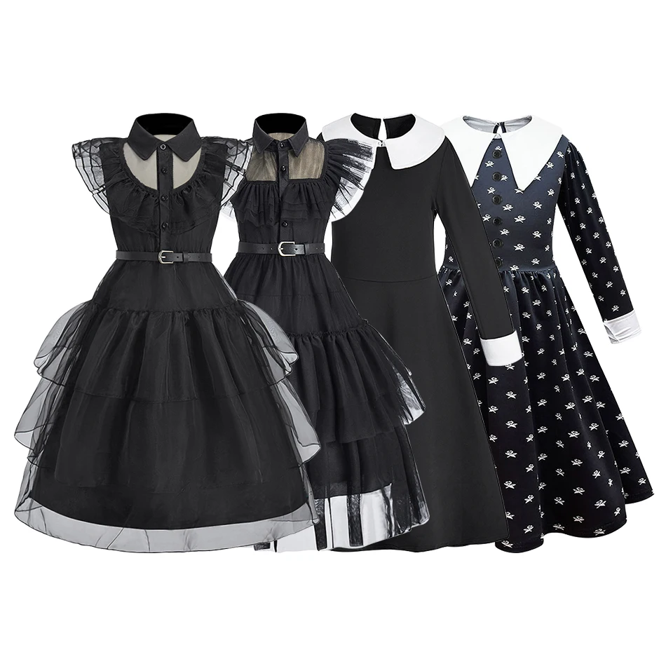 Little Girls Addams Dark Gothic Style Elegant Chic Black Wednesday Cosplay Dresses Suitable Halloween Parties Multiple Occasions
