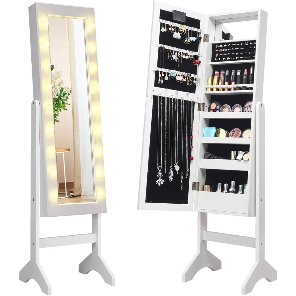 Standing Jewelry Armoire with 18 LED Lights Around the Door, Large Storage Mirrored Jewelry Cabinet with Full Length Mirror