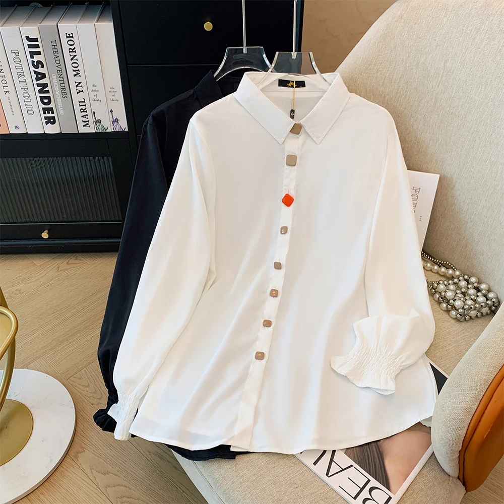 Plus-size women's white black solid color shirt elastic cuff long sleeve top button business fashion simple chiffon autumn 