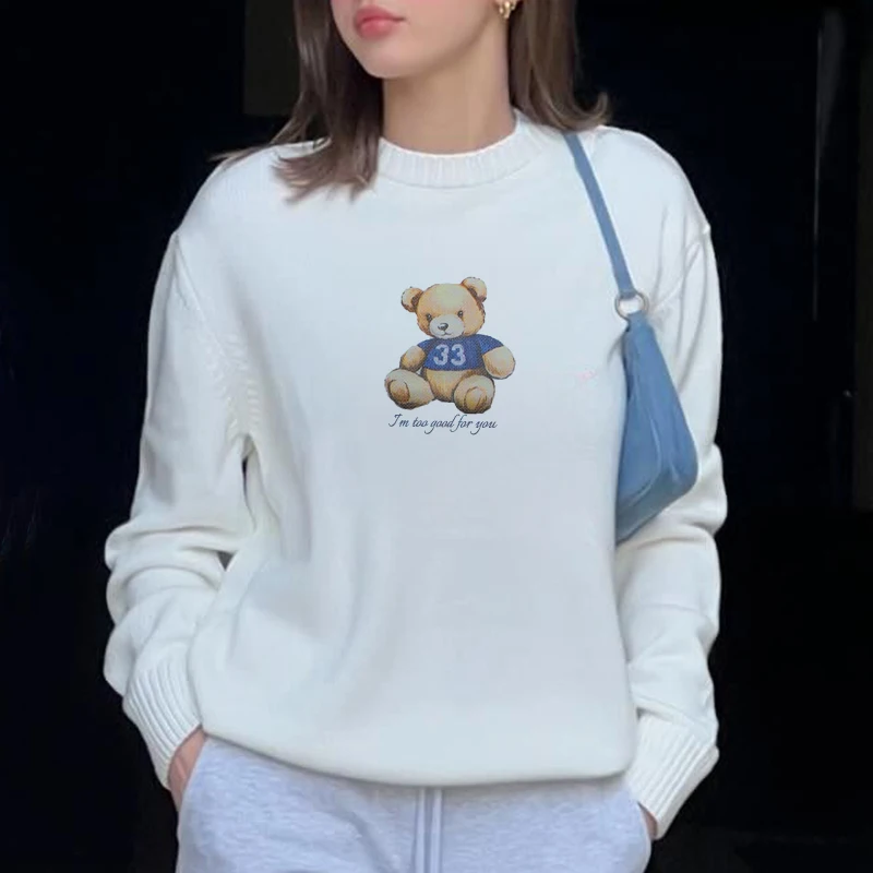 Fashion Cute Bear Graphics Long Sleeve Pullover Loose Knit Women's Sweater Autumn New Casual Lady Tops Knitwear Streetwear