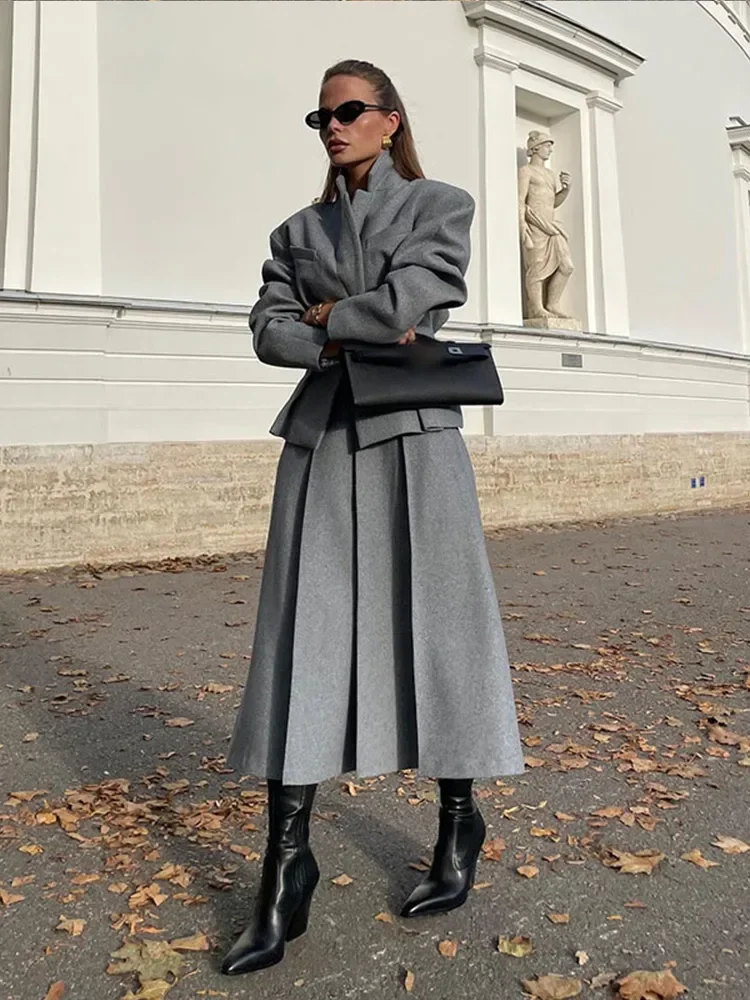 Women Fashion Solid Woolen Skirt Suits Elegant Stand Collar Full Sleeve Coat Loose Pleated Long Skirts Set Fall Chic Lady Outfit