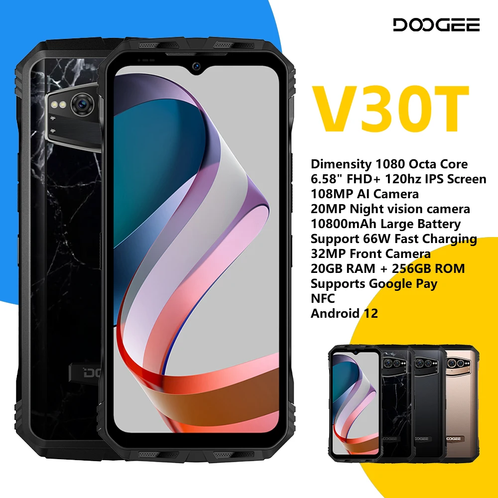 DOOGEE V30T 5G Rugged Phone 6.58" FHD 120Hz Display 12GB+256GB Dimensity 1080 6nm 108MP Camera 10800mAh NFC Android12 Smart