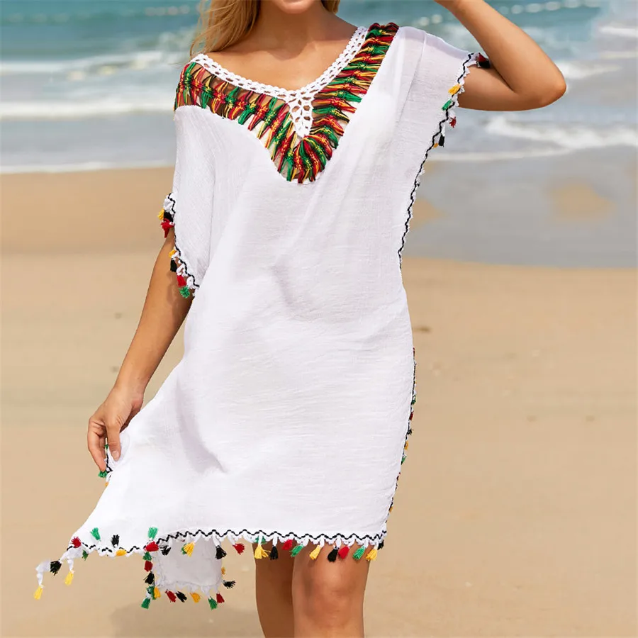 Solid White Embroidery Bikini Cover Up Beach Dress for Women Tassel Lace-up Flare Sleeve Short Dresses Beachwear 2024 Cover-ups