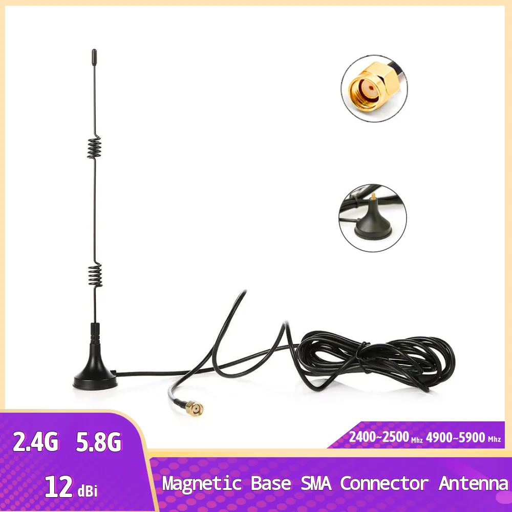 2.4G/5G Magnetic Base 12dBi Indoor External Antenna with RP-SMA Connector for Wifi Router Modem Antenna GR174 3 Meter Cable