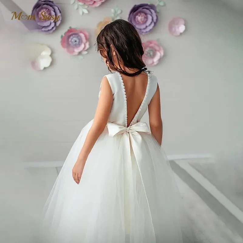 Baby Girl Princess Pearl Dress Sleeveless Infant Toddler Child Vintage Bow Long Vestido Party Pageant Birthday Clothes 1-10Y