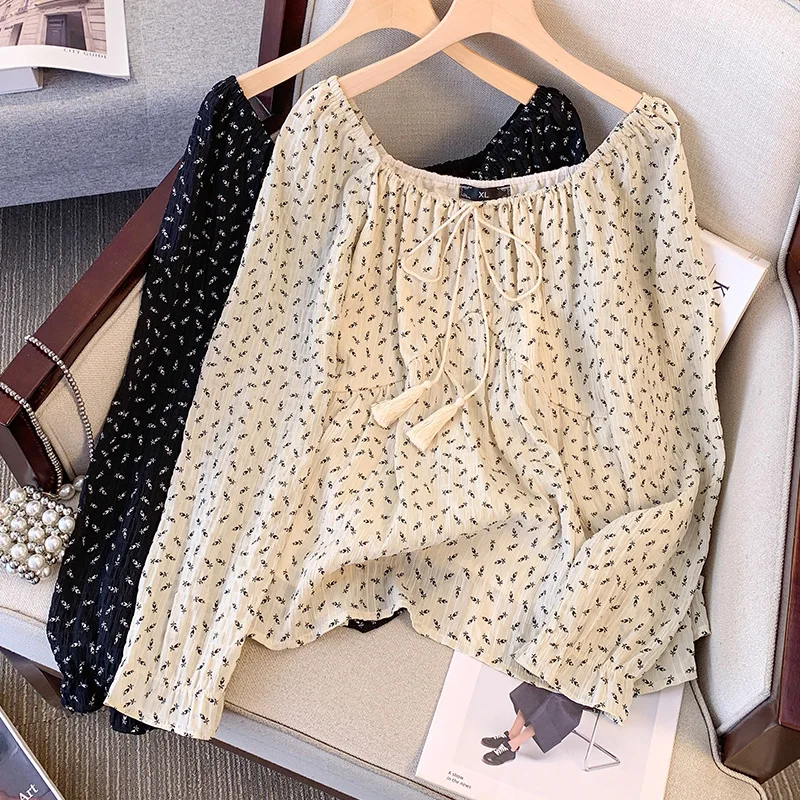 Plus Size，Chiffon top early autumn women's long sleeved fairy style small floral loose hide meat cover belly fat mm shirt 3
