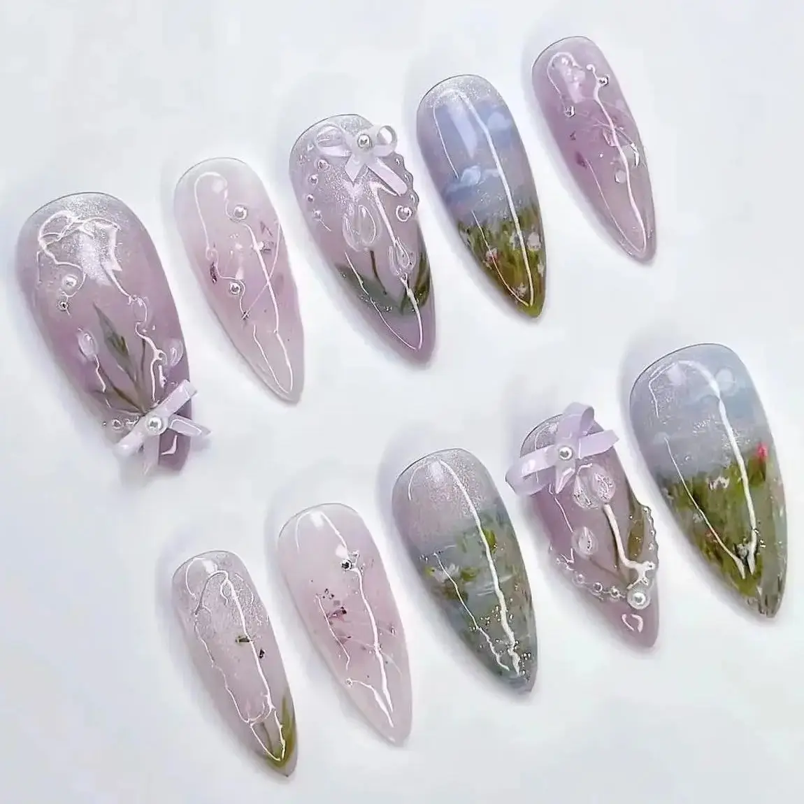 Oil Painting Water Lily Pearl Bowknot False Nails Purple Halo Dyeing Detachable Finished Fake Nails Press on Nails with Glue
