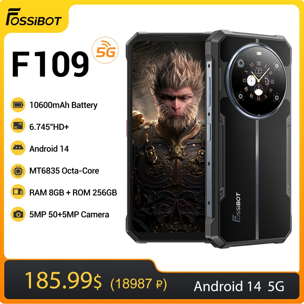 World Premiere Fossibot Rugged Phone 5G Mobile Phone 8+256GB 6.745" 10600mAh NFC Face ID Android 14 Rear Display Smartphone