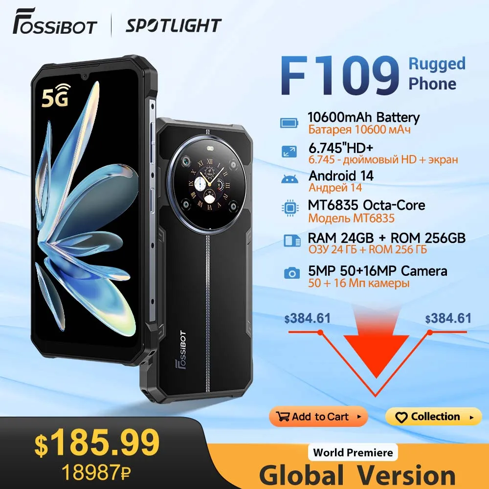 FOSSIBOT F109 Rugged Phone 10600mAh 6.745"HD+Smartphone Android 14 24GB+256GB 50MP Cam Dual Screen Mobile Phone Global Vers