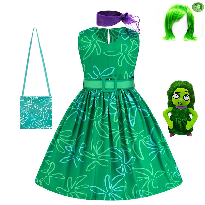 2024 Movie Inside Out 2 Disgust Cosplay Dress Girls Halloween Carnival Party Dress Up Cartoon Flower Princess Casual Dresses