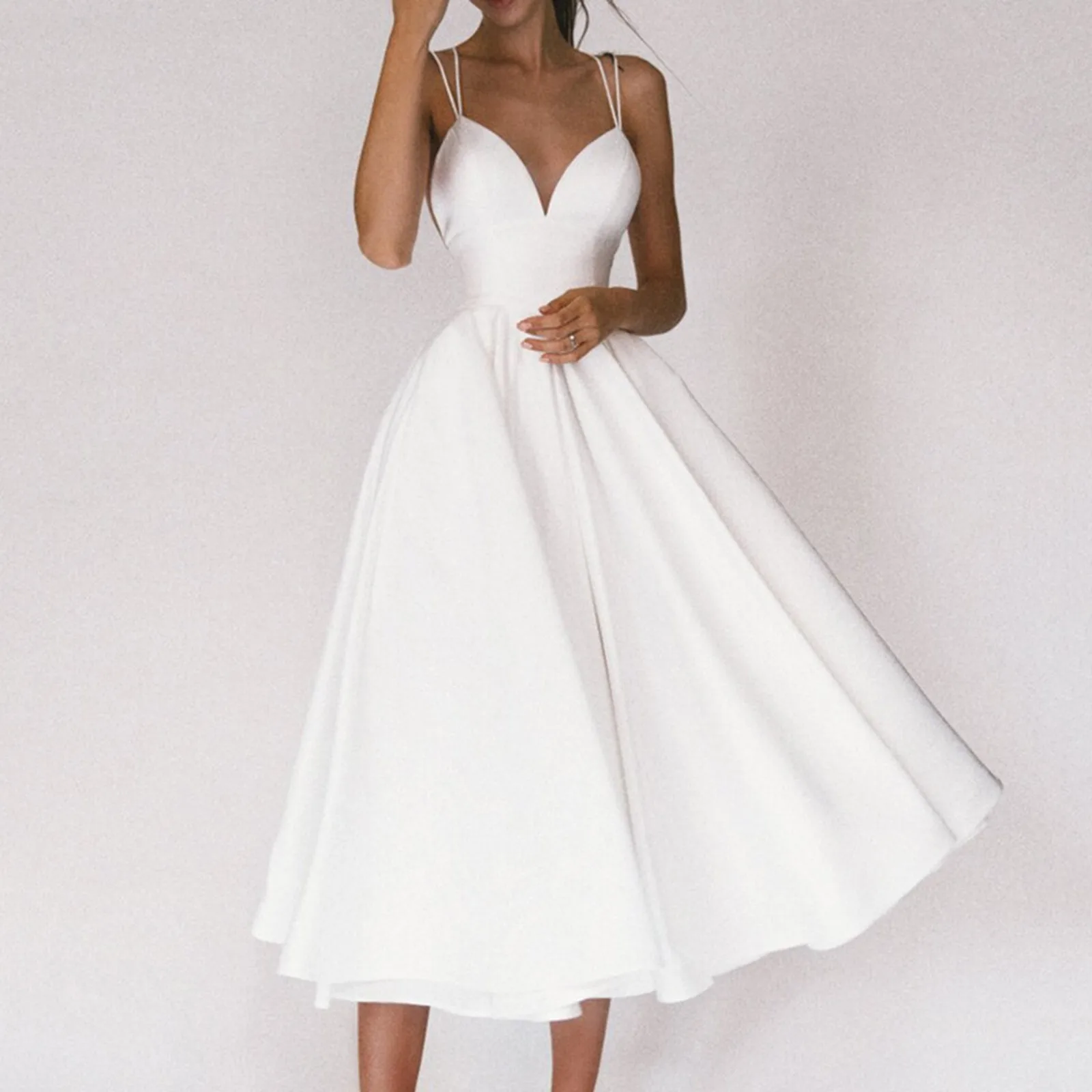Women's Formal Dresses Double Spaghetti Strap Big Swing Sleeveless Pure Color Cross Sling Dresses Elegant Party Dress For W