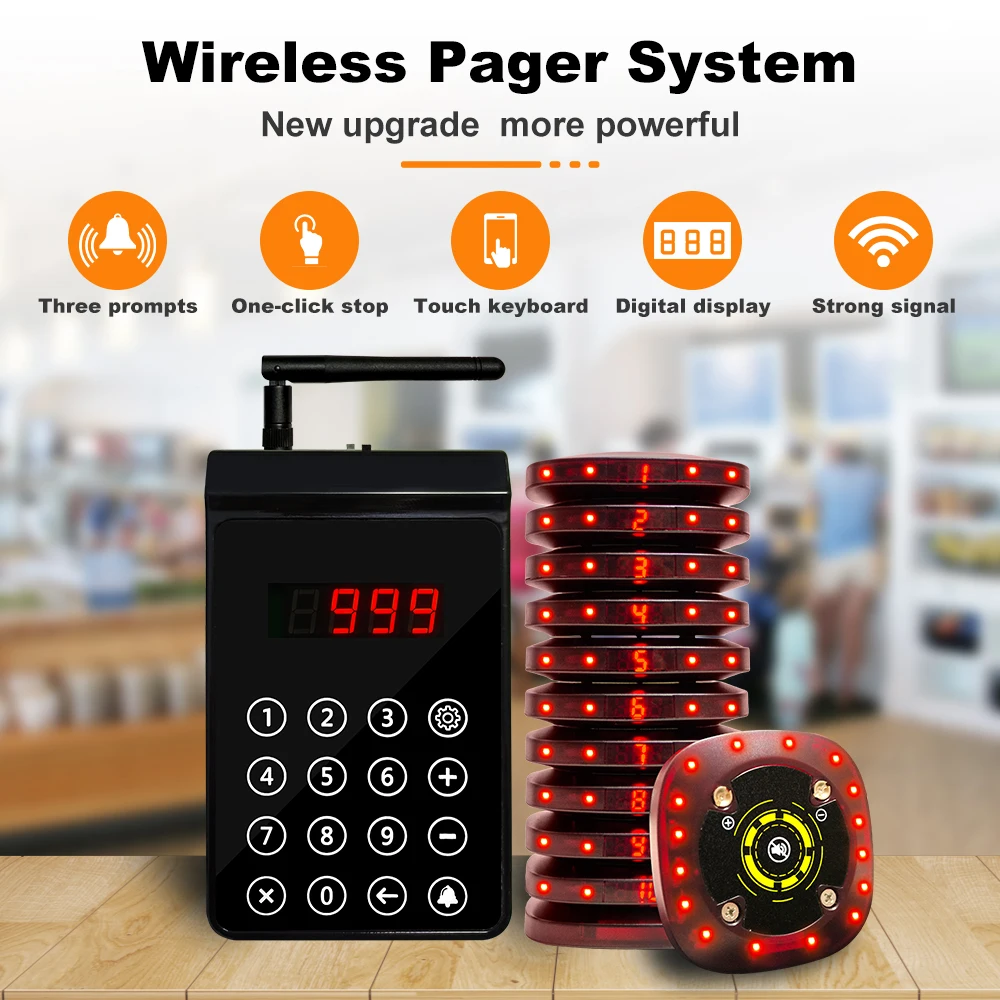 CTP205 Wireless Restaurant Vibration Pager System 10 Pagers 1 Keyboard For Fast Food, Paging System Calling Service Buzzer
