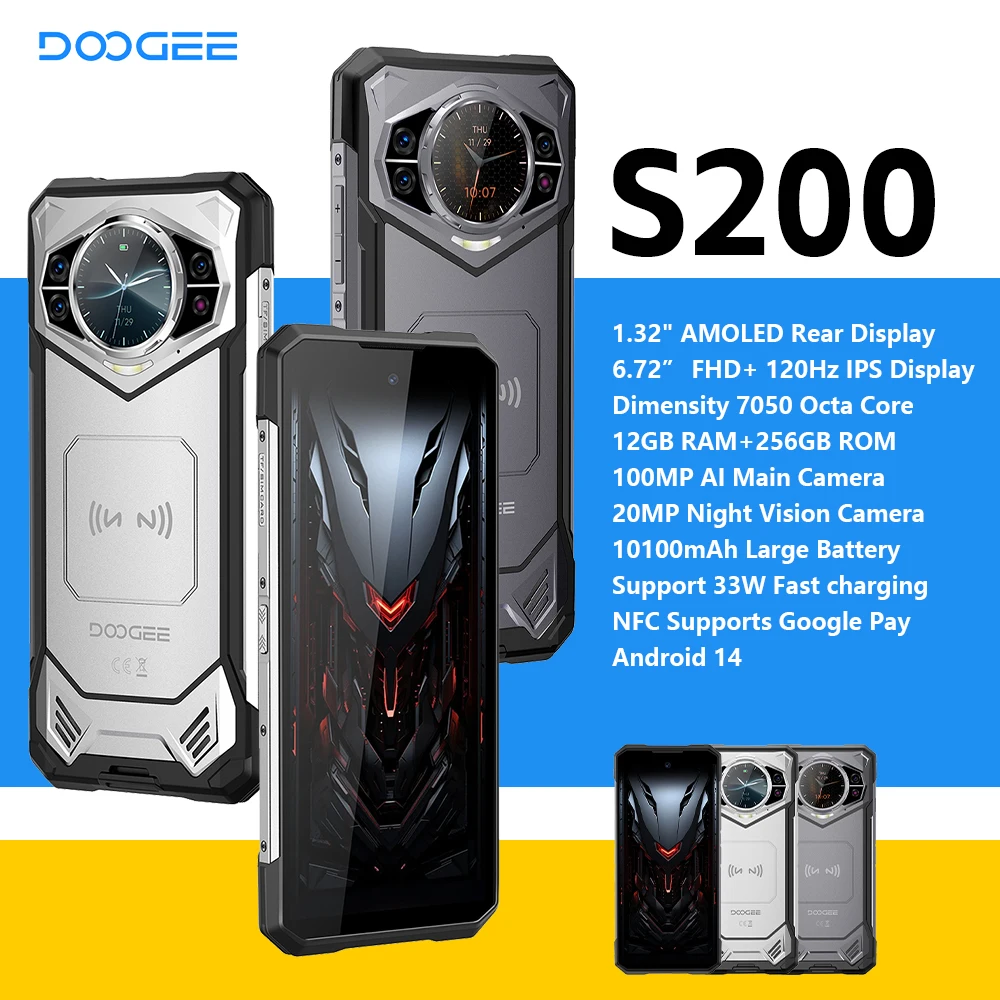DOOGEE S200 5G Rugged Phone 6.72" 120Hz Display 12GB RAM+256GB ROM 100MP AI Main Camera 1.32" Rear Display Smartphone 