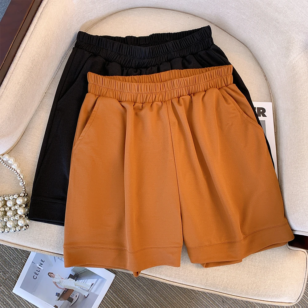 Plus-size women's summer casual commuting loose comfortable shorts Black khaki elastic waist with pockets minimalist style 