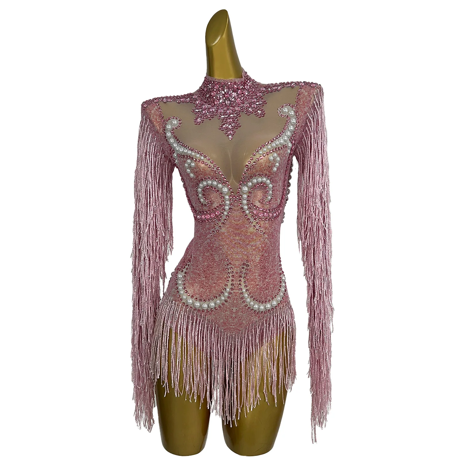 Latin Dance Leotard Stage Women's Pink High-end Pearls Tassel Bodysuit Samba Rhinestone Performance Costume Dress Yanhui