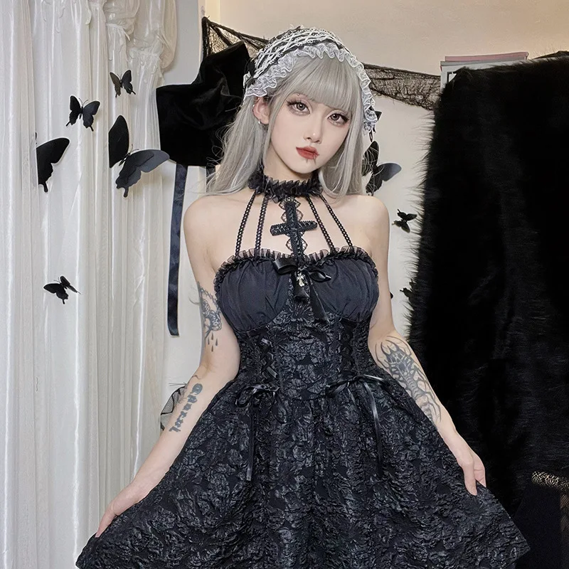 2024 New Halloween Dress Women Autumn Fashion Dark Gothic Strap Dress High Waist Sleeveless Breast Wrap Backless Party Dress