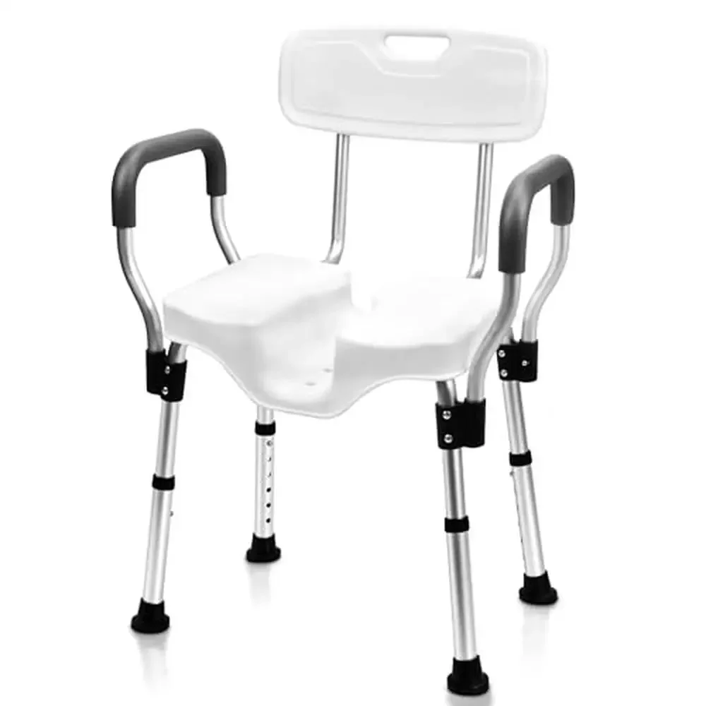 Heavy Duty U-Shape Seat Shower Chair with Arms Removable Back Adjustable Legs Non-Skid Tips Anti-Slip Design 330lbs Capacity