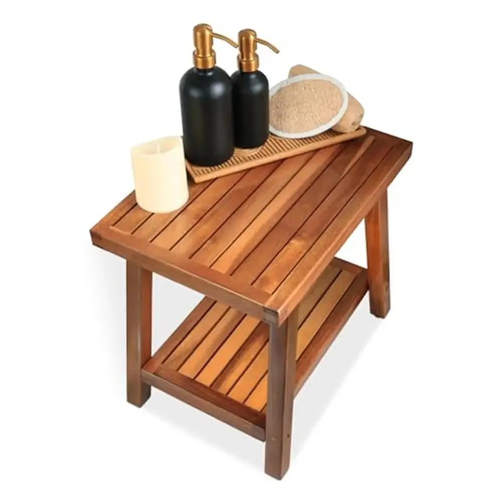 Acacia Wood Shower Bench with Shelf Waterproof Spa Bath Seat Adults Seniors Elderly Durable and Sturdy Easy Assembly 350lb