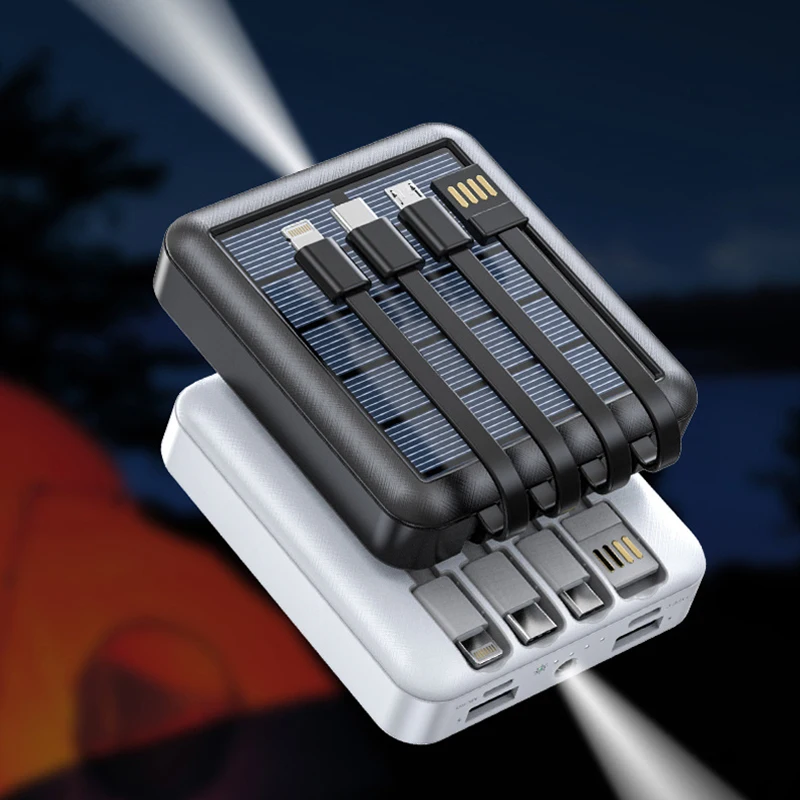 Mini Solar Power Bank 20000mAh Built in Cable Portable Charger Powerbank for iPhone Samsung Huawei Xiaomi External Spare Battery