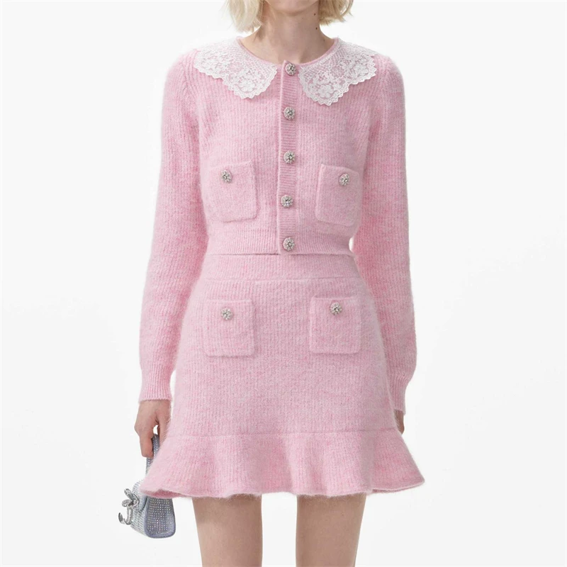 2024 autumn new women's lace splicing doll collar mohair knitted top y2k high quality fashion commuting ruffled hip skirt s
